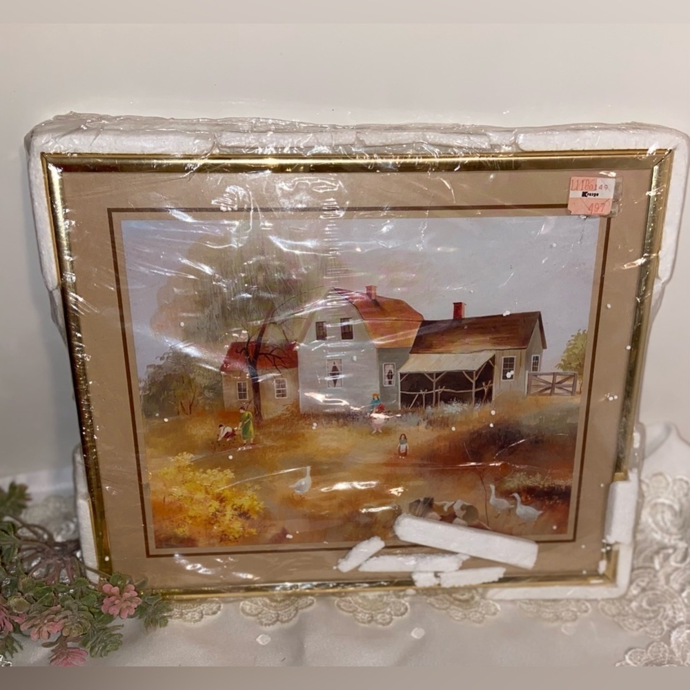 3/55$ Vintage Gold Frame with illustration of countryside Farm 8”x10”‎